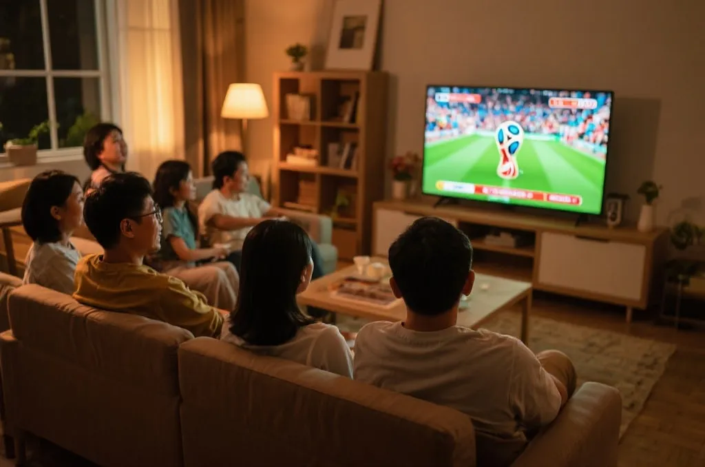 家庭客厅里多人通过电视观看世界杯正规直播，氛围轻松，光线温暖
